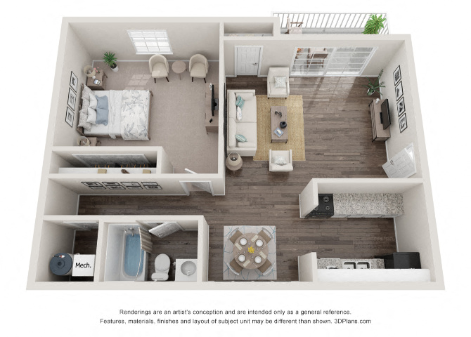 Floor plan for 1 bed, 1 bath, 642 sqft